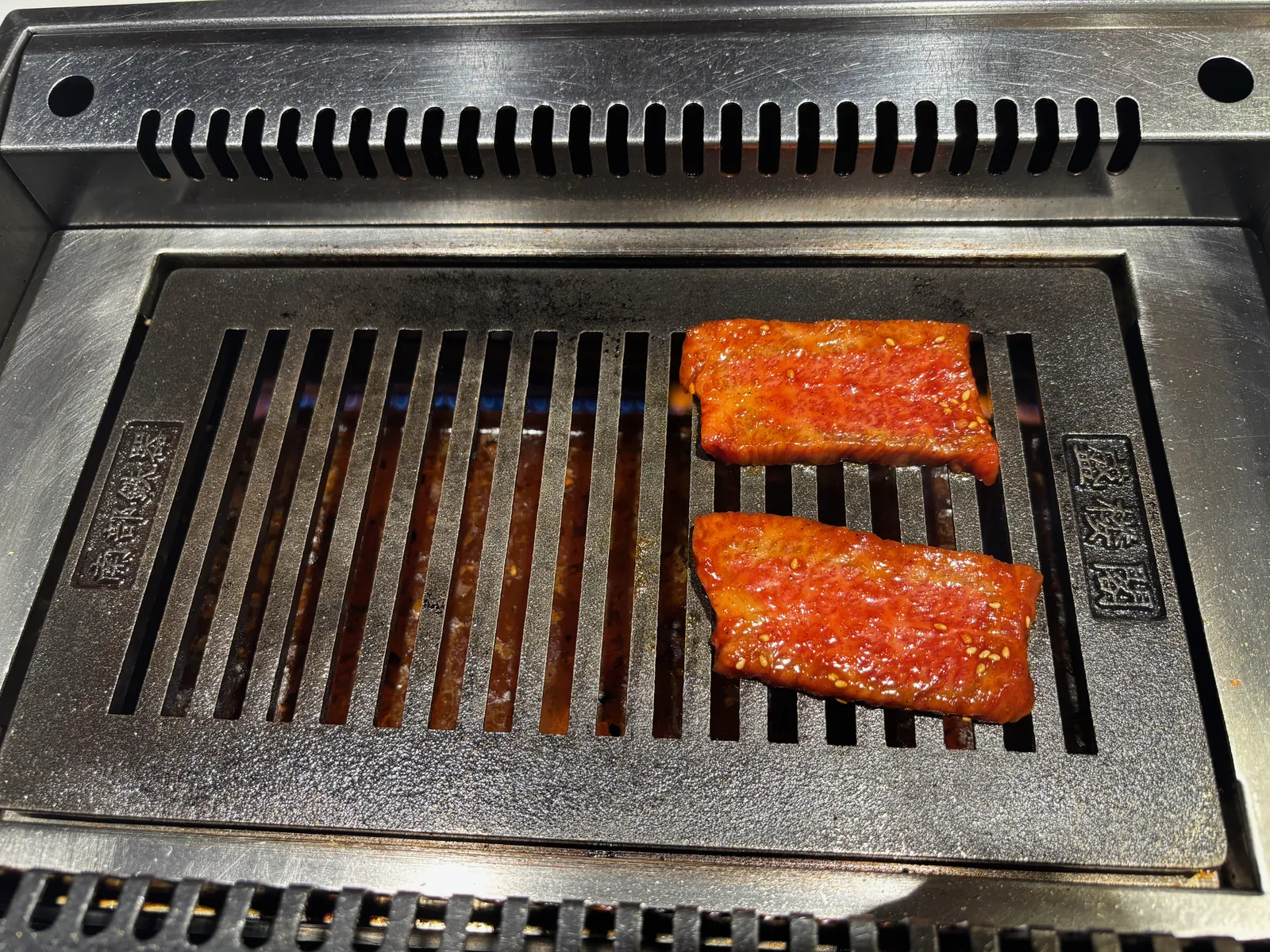 網の上で焼かれている赤い色の味付き肉