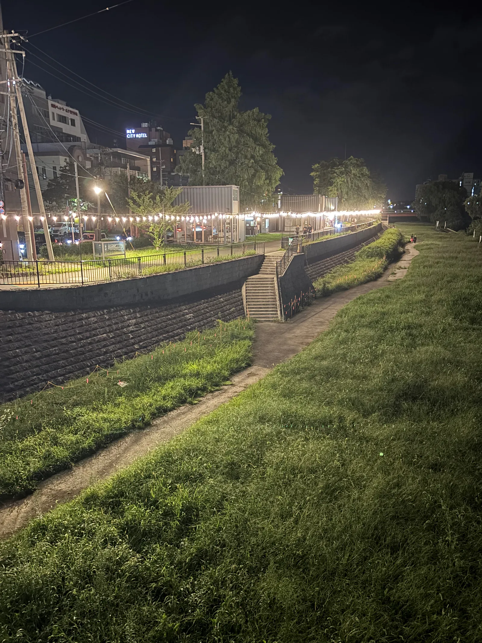夜の川沿いの遊歩道。手すり越しに川と対岸の照明が見える