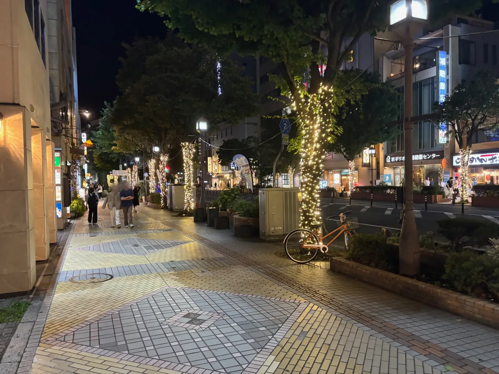 夜、街路樹がライトアップされた歩道の風景